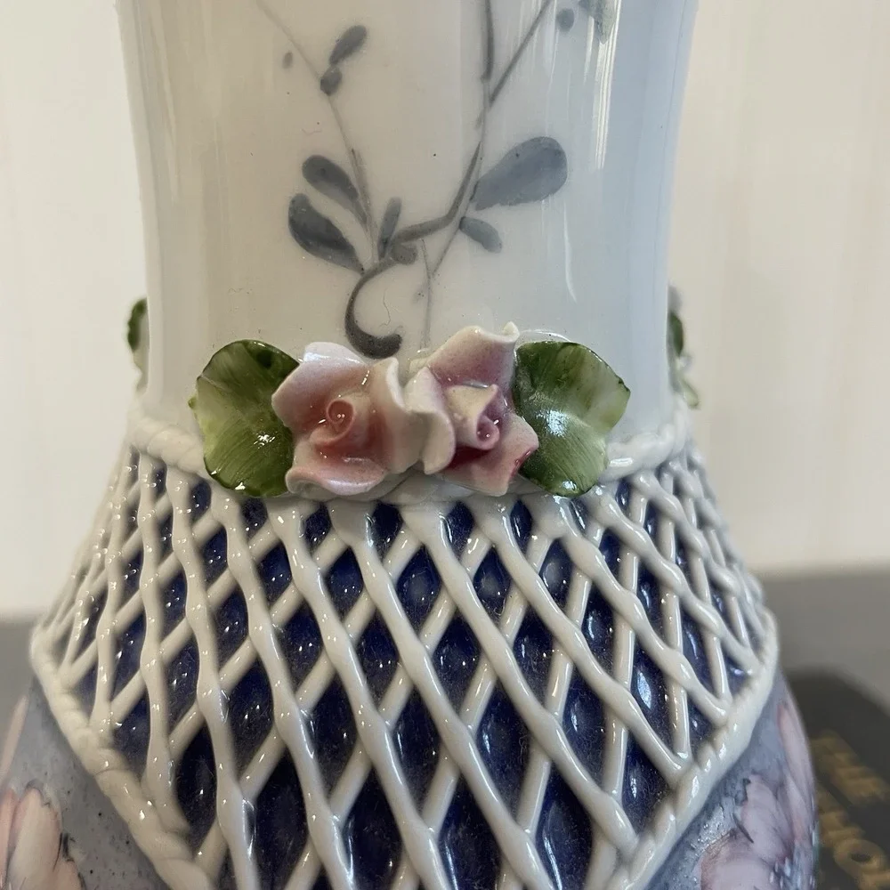 Sumi Romanian Porcelain Vintage Vase Lattice‎ Applied Roses Leaves Artist Signed